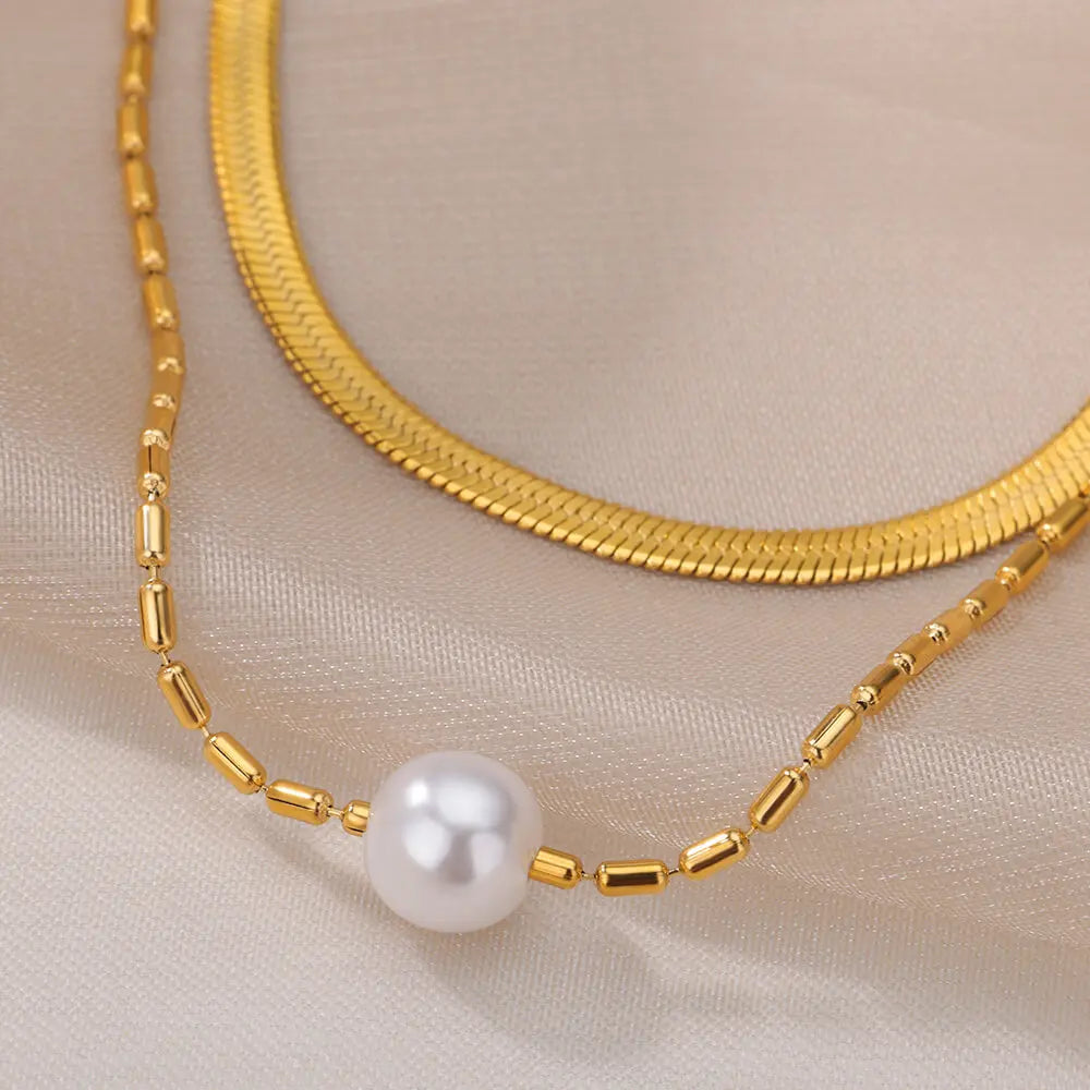 Women's Double Layer Imitation Gold Pearl Necklace