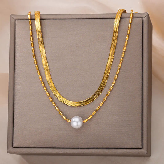 Women's Double Layer Imitation Gold Pearl Necklace