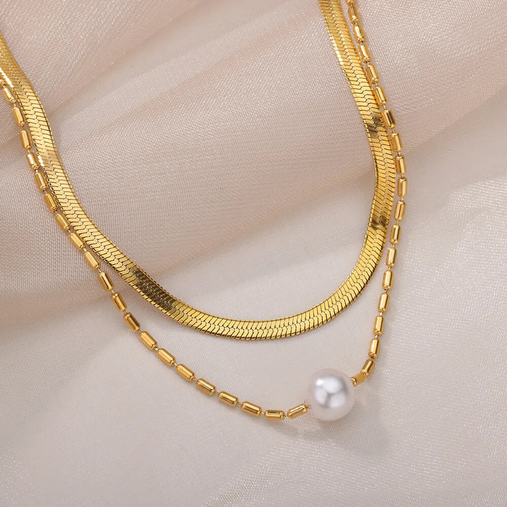 Women's Double Layer Imitation Gold Pearl Necklace